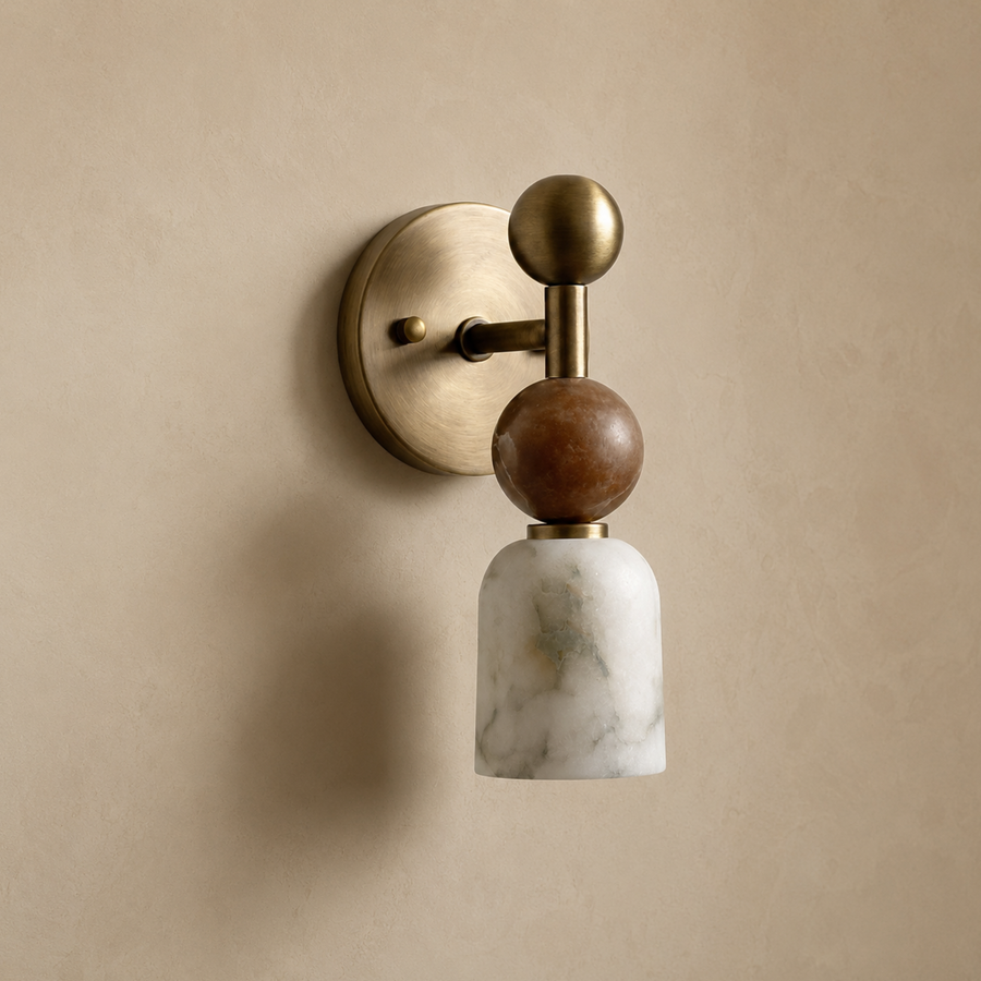 Alabaster Wall Light - Walnut Wood Brass Design