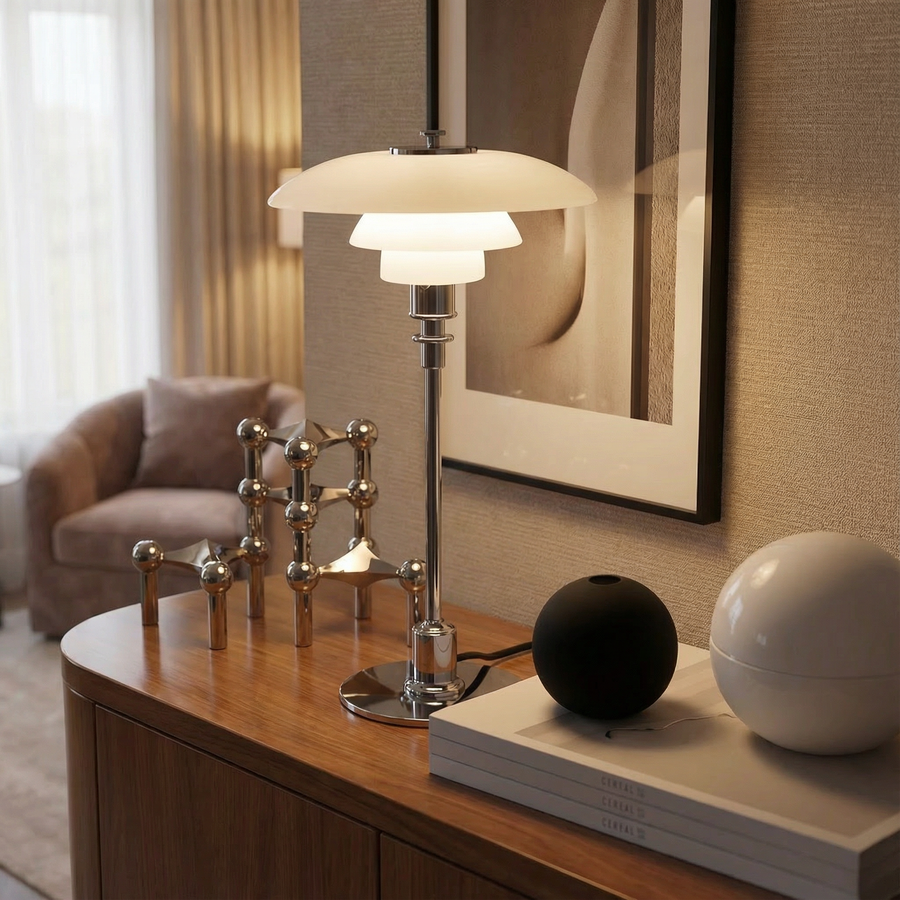 Scandinavian Glass Table Lamp – Layered Nordic Shade