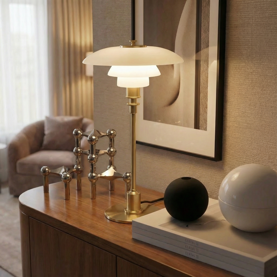 Scandinavian Glass Table Lamp – Layered Nordic Shade