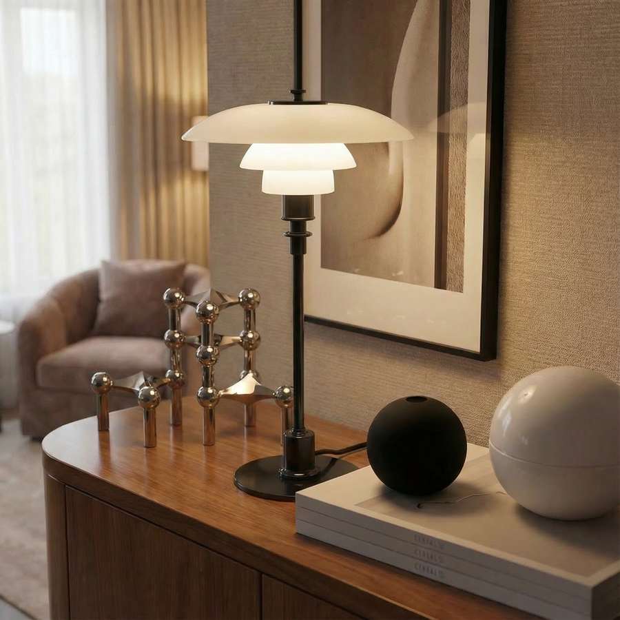 Scandinavian Glass Table Lamp – Layered Nordic Shade