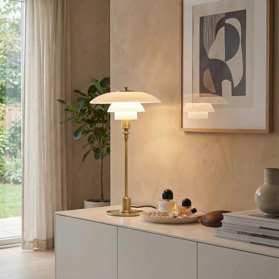 Scandinavian Glass Table Lamp – Layered Nordic Shade
