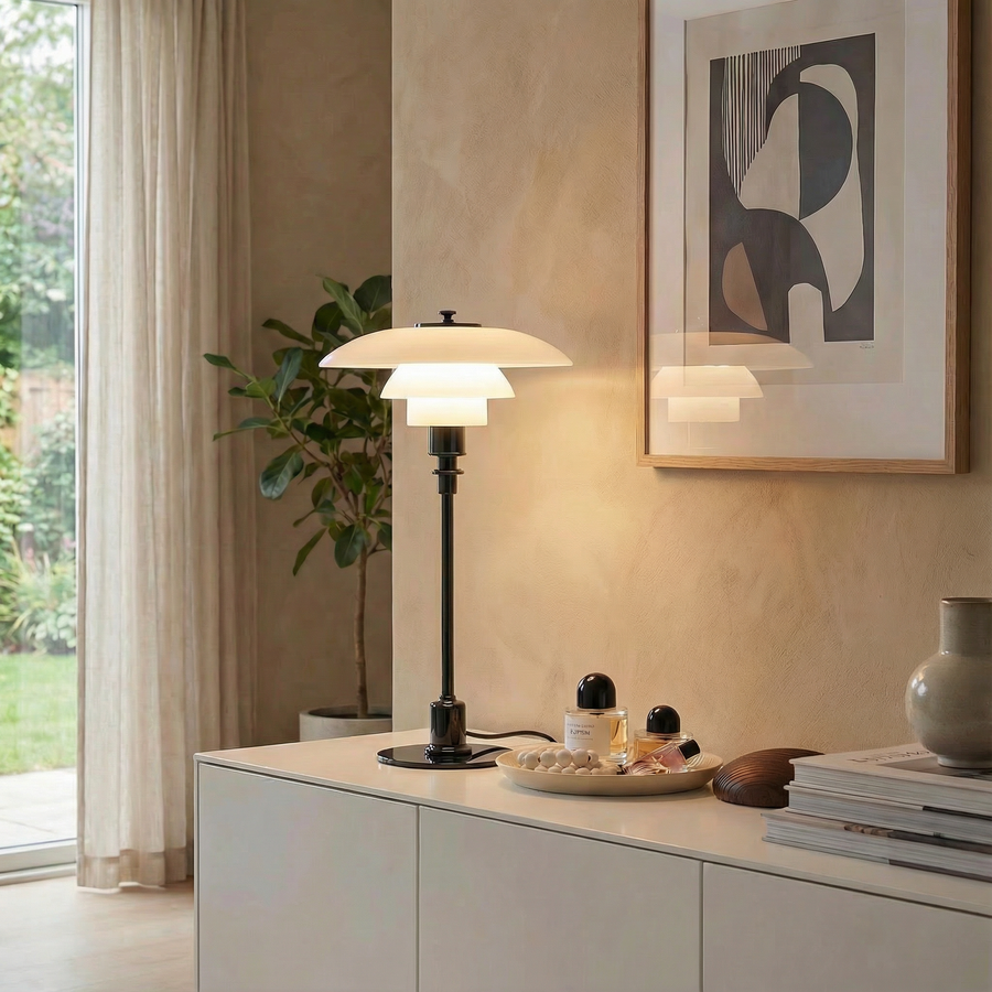 Scandinavian Glass Table Lamp – Layered Nordic Shade