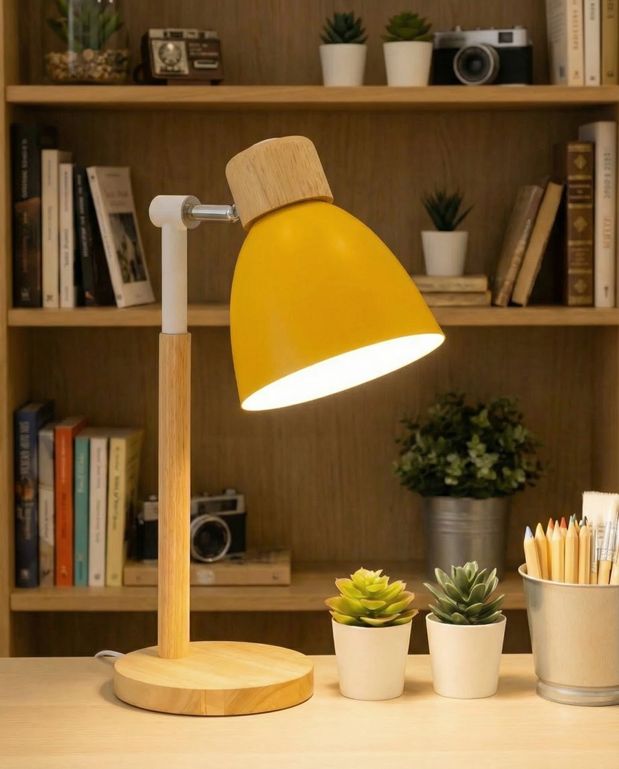 Nordic Wooden Table Lamp – Colourful Metal Shade