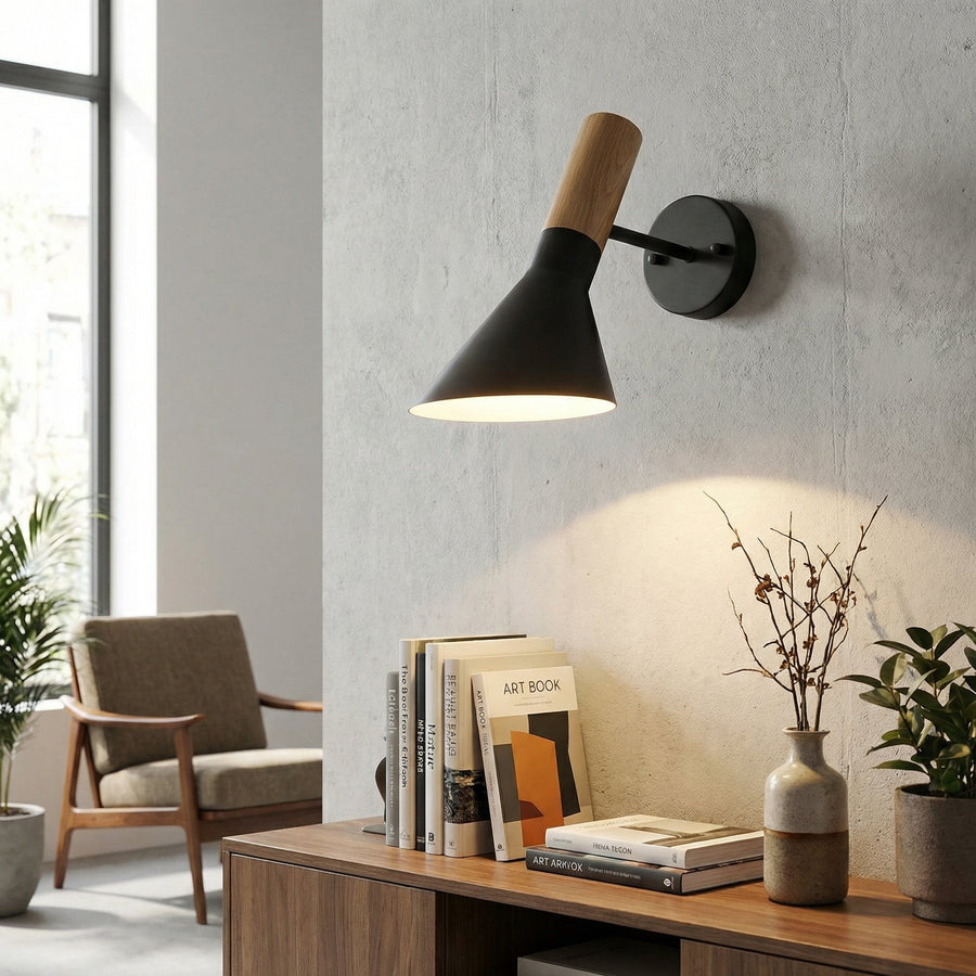 Minimalist Bedside Wall Light – Iron Sconce with Wood Detail