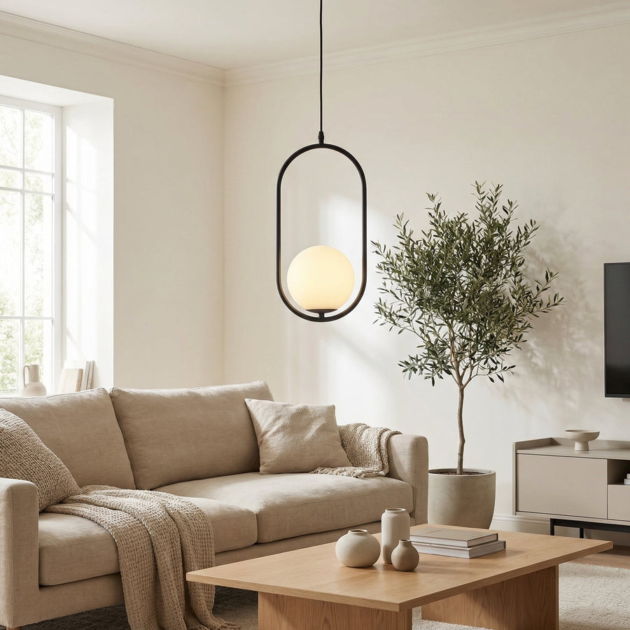 Nordic Frosted Glass Globe Pendant Light – Gold & Black Metal