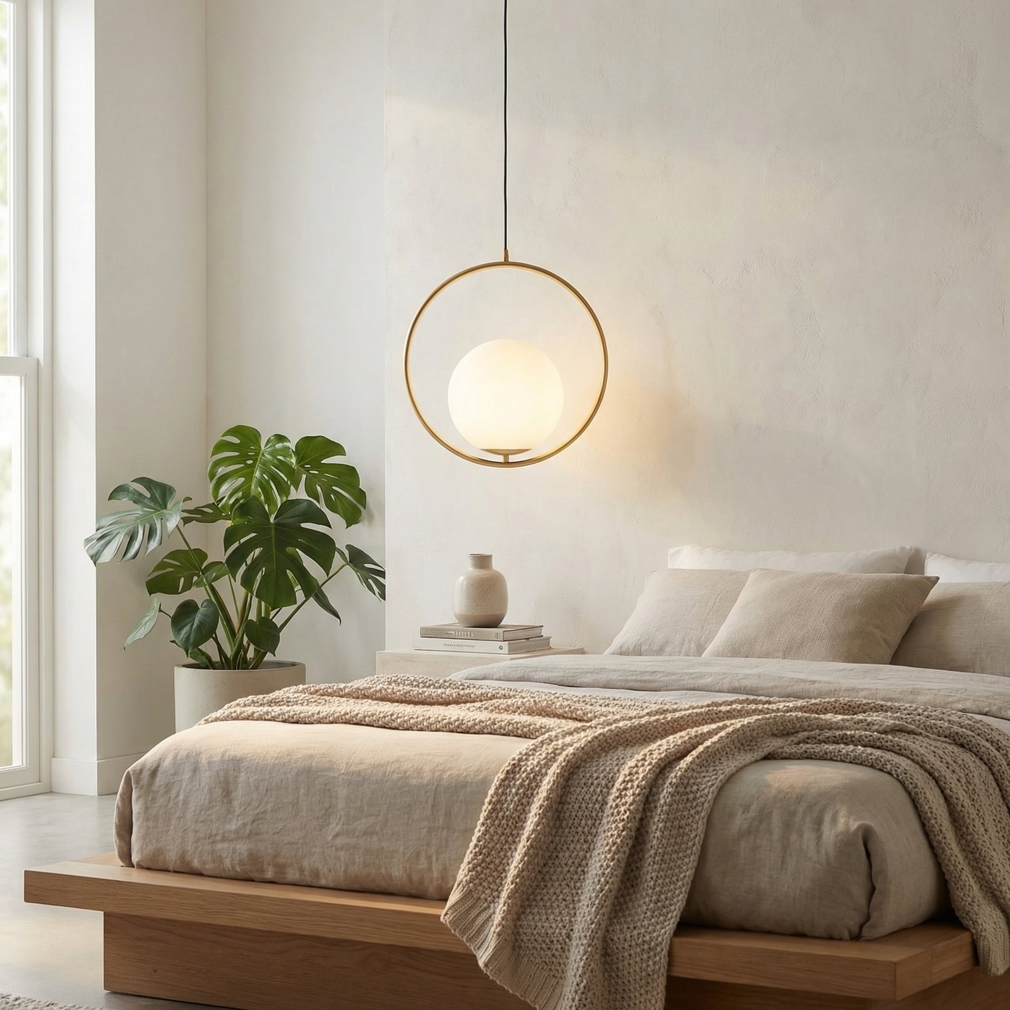 Gold Ring Pendant Light – Frosted Glass Globe, Nordic Design