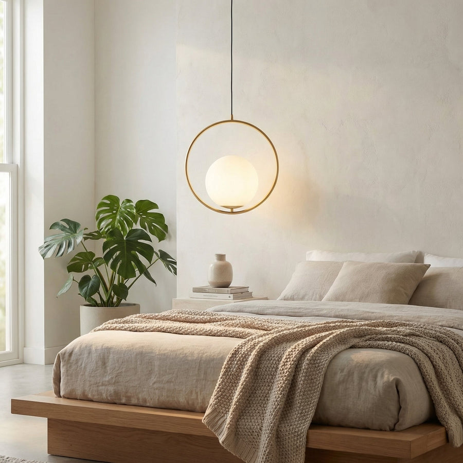 Gold Ring Pendant Light – Frosted Glass Globe, Nordic Design