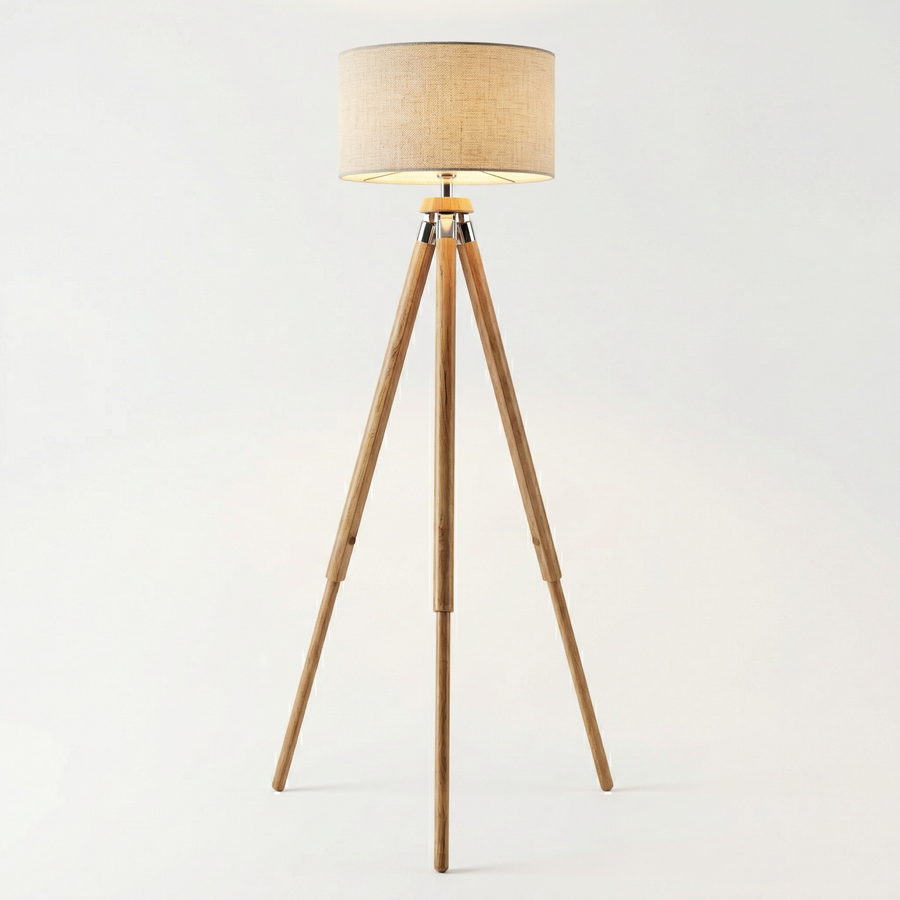 Wooden Tripod Floor Lamp – Modern Fabric Shade