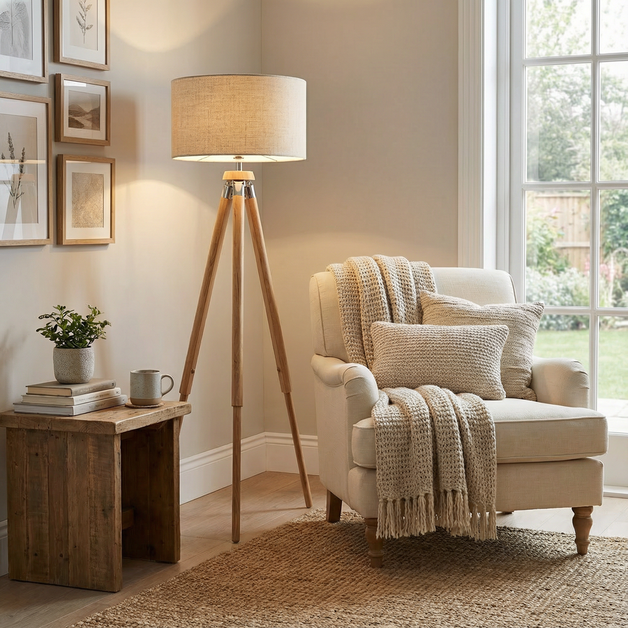 Wooden Tripod Floor Lamp – Modern Fabric Shade