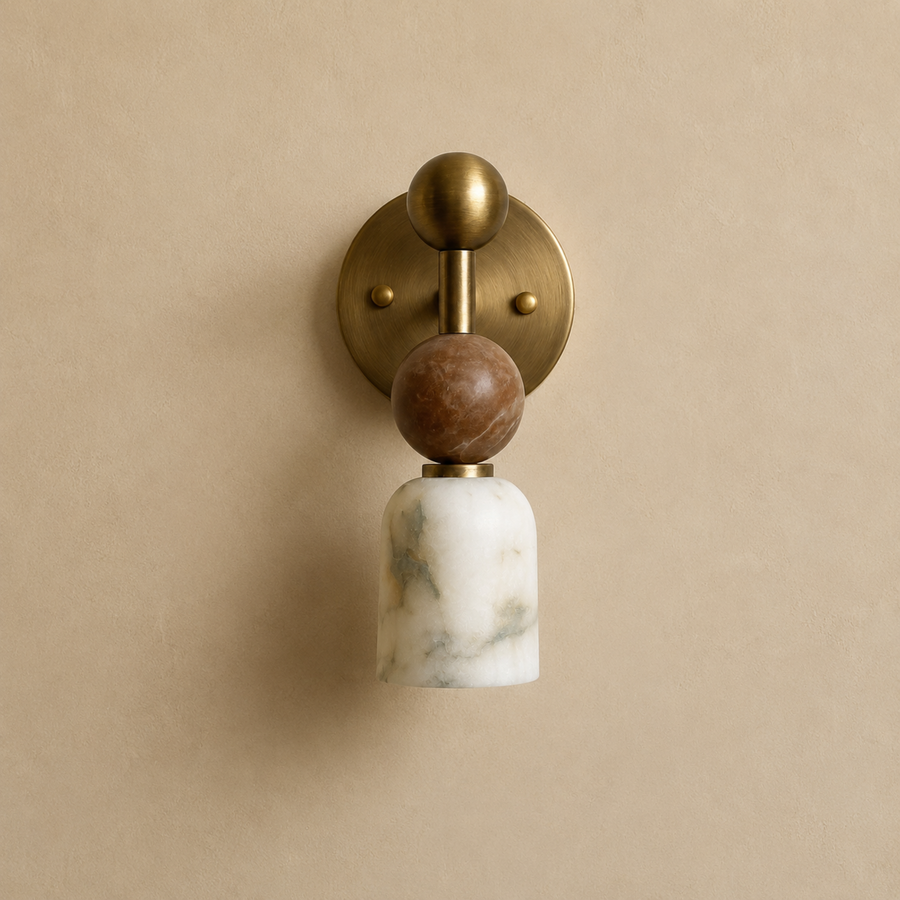Alabaster Wall Light - Walnut Wood Brass Design