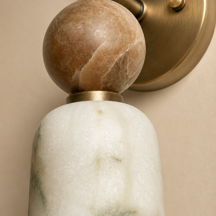 Alabaster Wall Light - Walnut Wood Brass Design