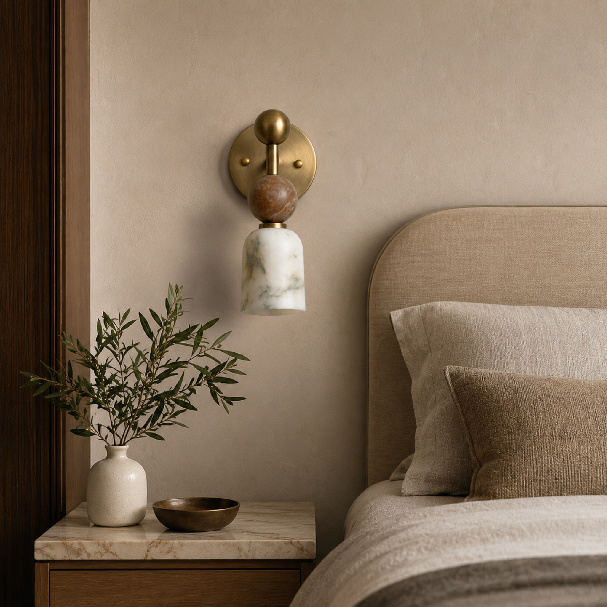 Alabaster Wall Light - Walnut Wood Brass Design