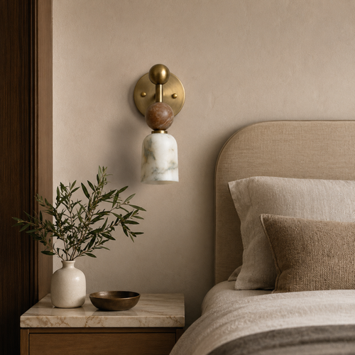 Alabaster Wall Light - Walnut Wood Brass Design