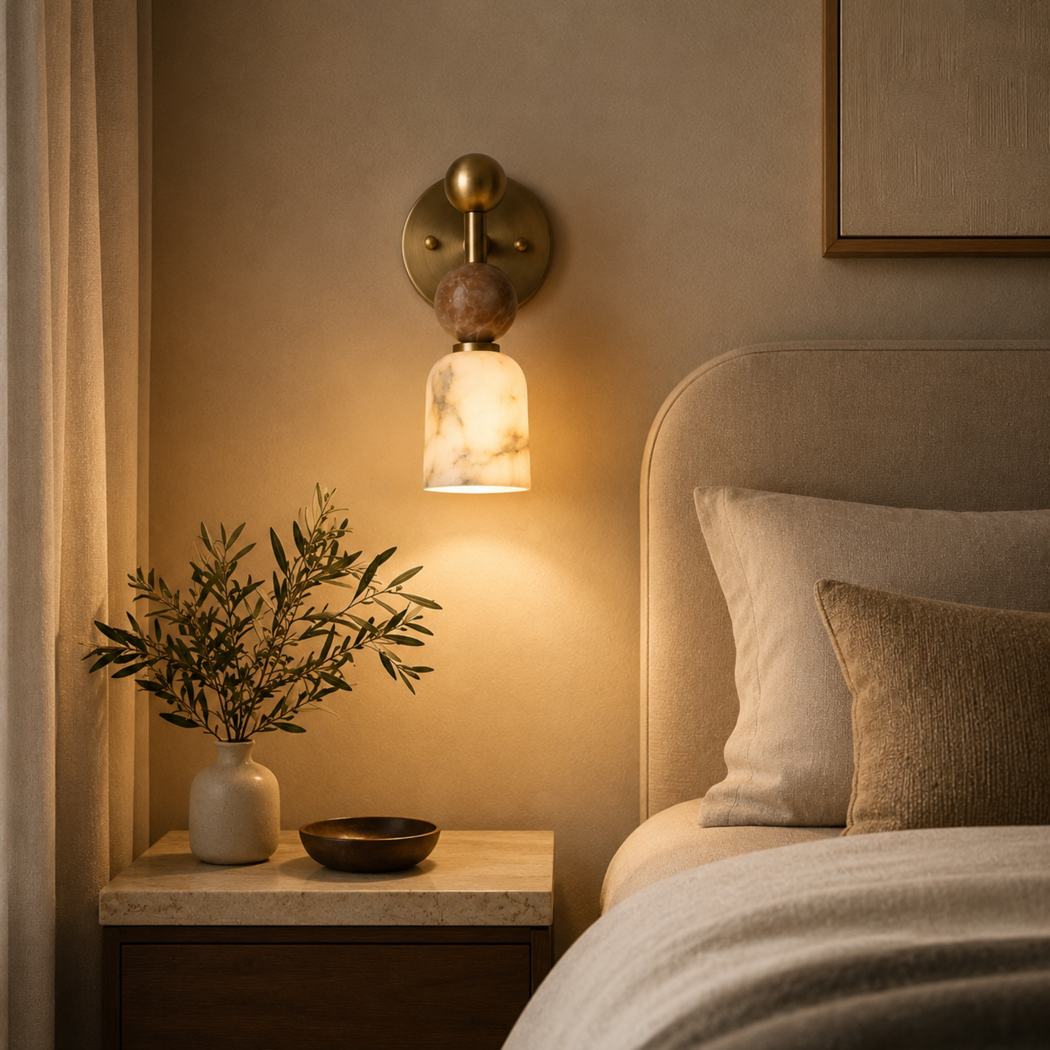 Alabaster Wall Light - Walnut Wood Brass Design