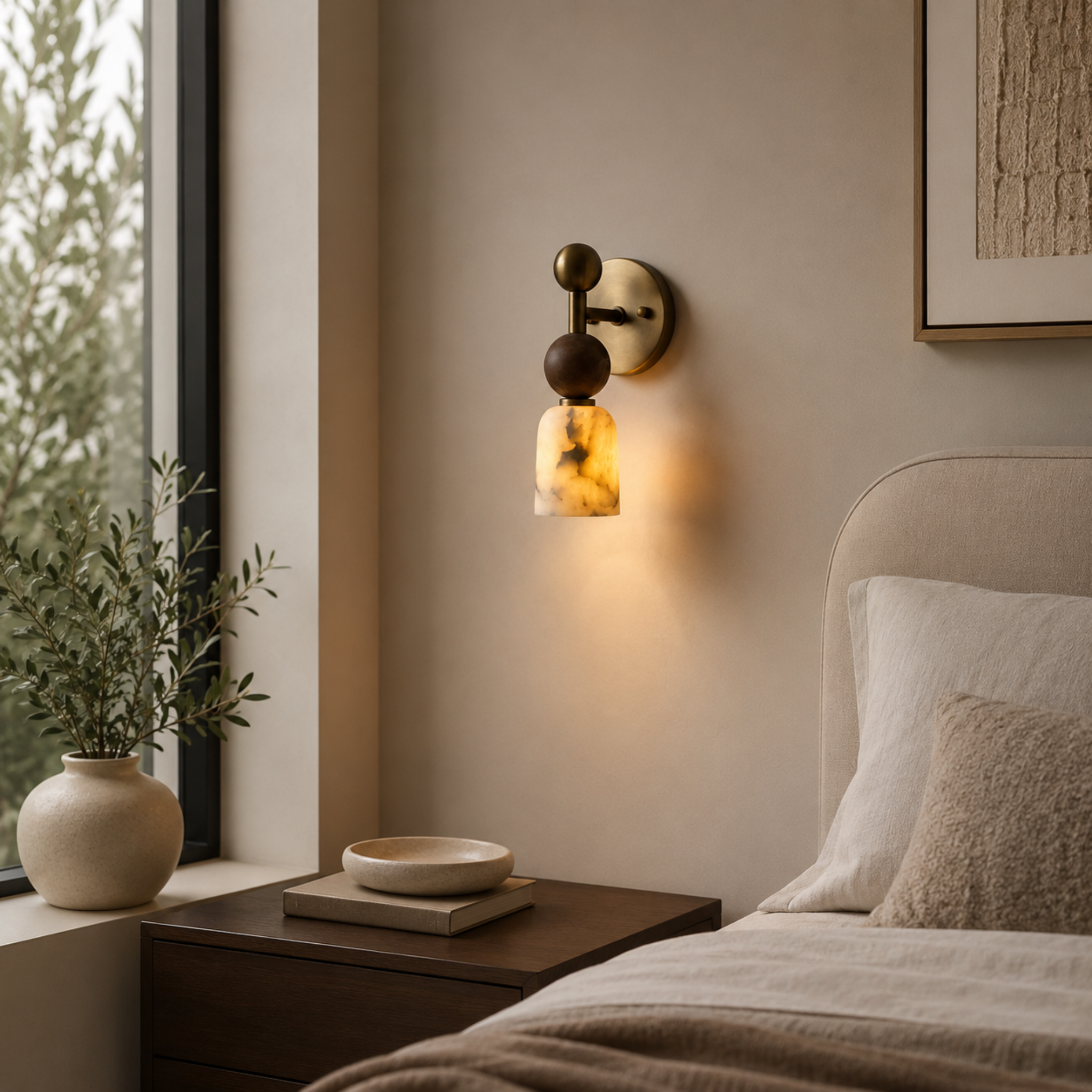 Alabaster Wall Light - Walnut Wood Brass Design