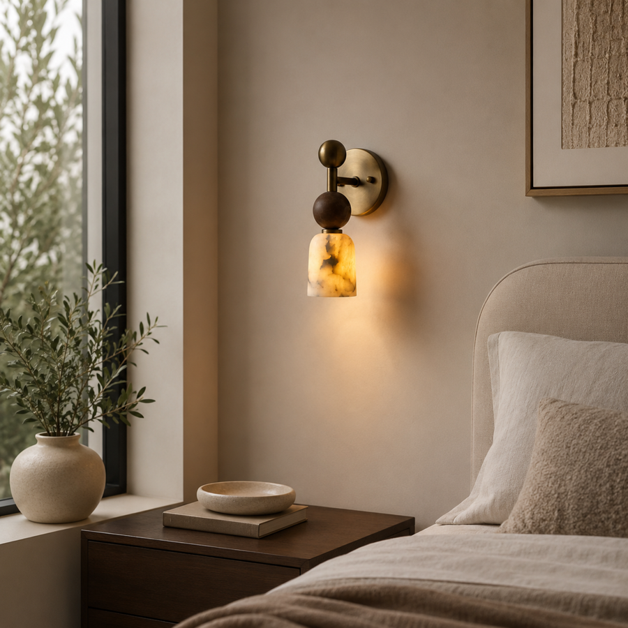 Alabaster Wall Light - Walnut Wood Brass Design