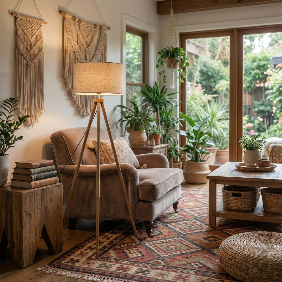 Wooden Tripod Floor Lamp – Modern Fabric Shade