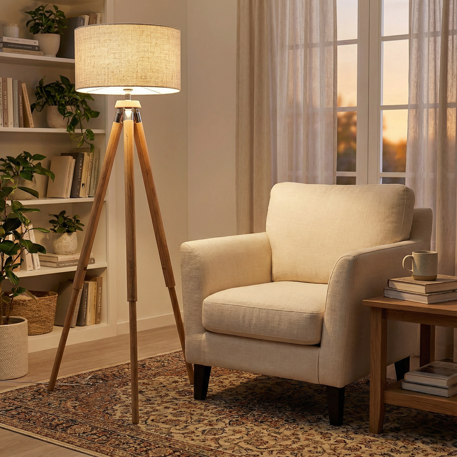 Wooden Tripod Floor Lamp – Modern Fabric Shade
