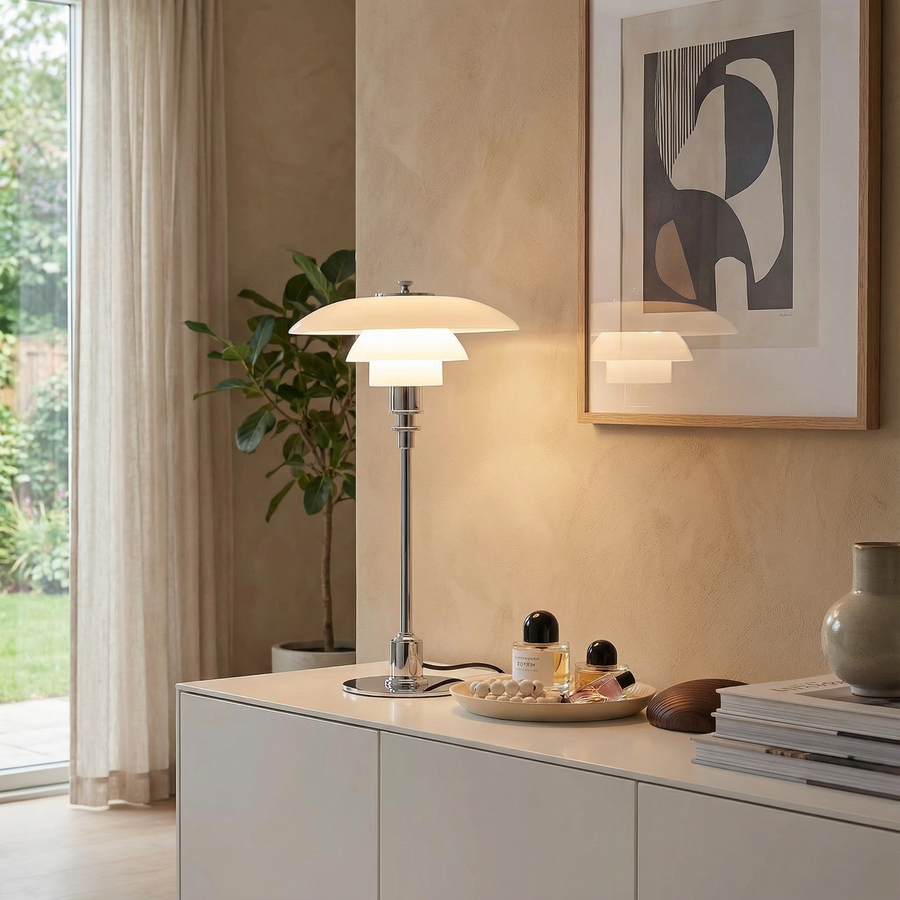 Scandinavian Glass Table Lamp – Layered Nordic Shade