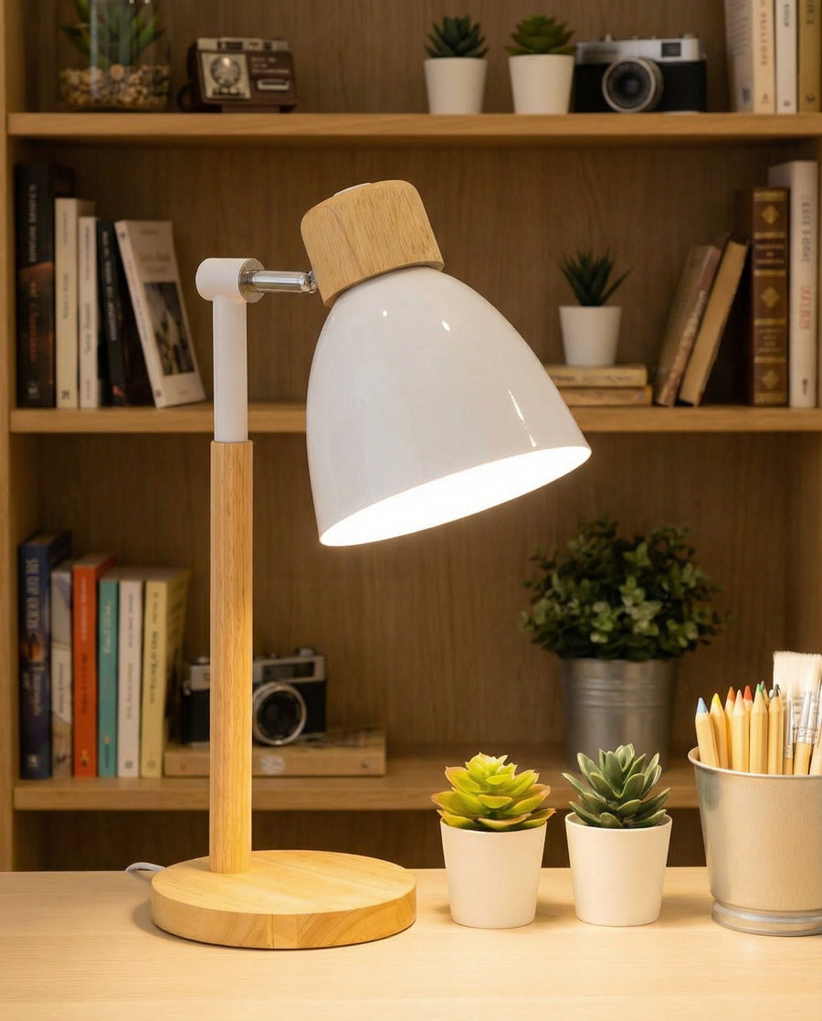 Nordic Wooden Table Lamp – Colourful Metal Shade