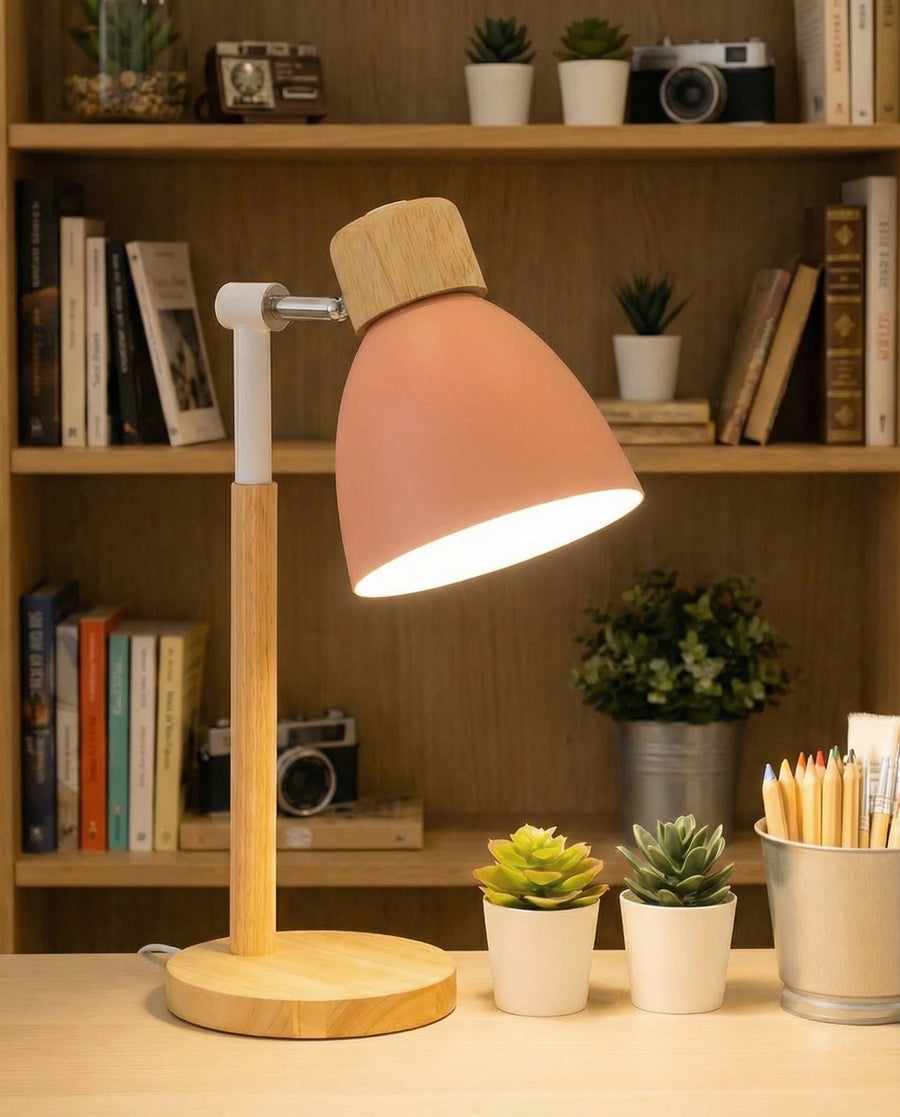 Nordic Wooden Table Lamp – Colourful Metal Shade