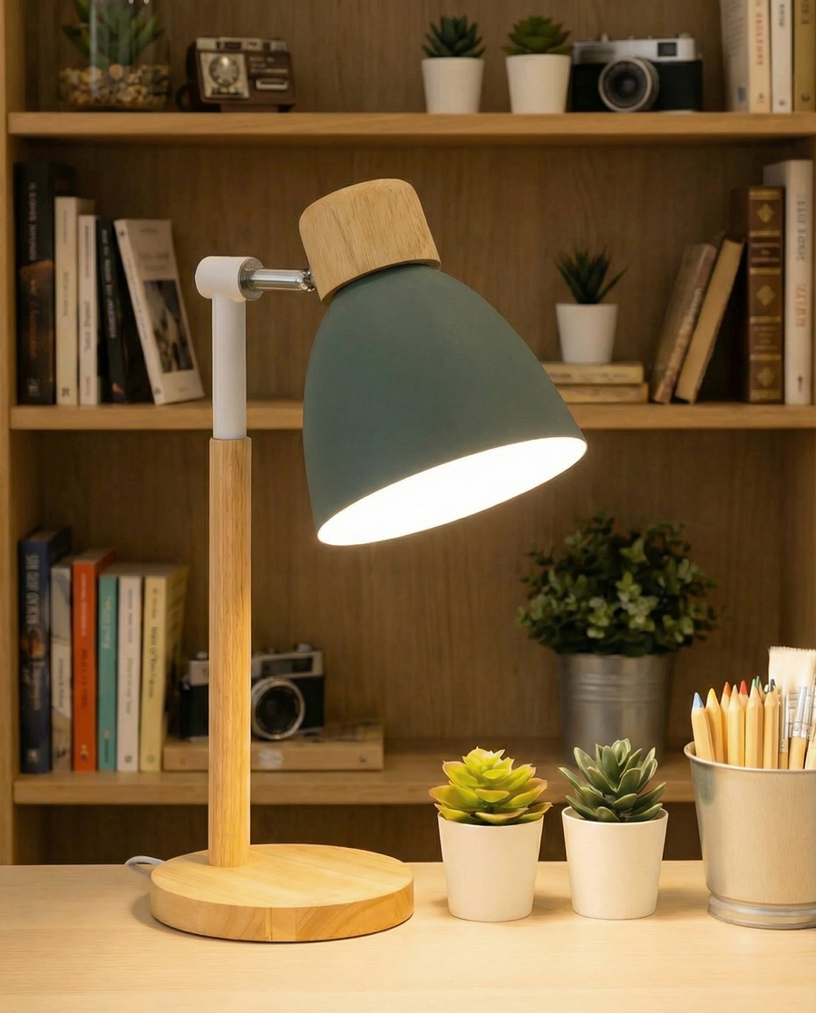 Nordic Wooden Table Lamp – Colourful Metal Shade