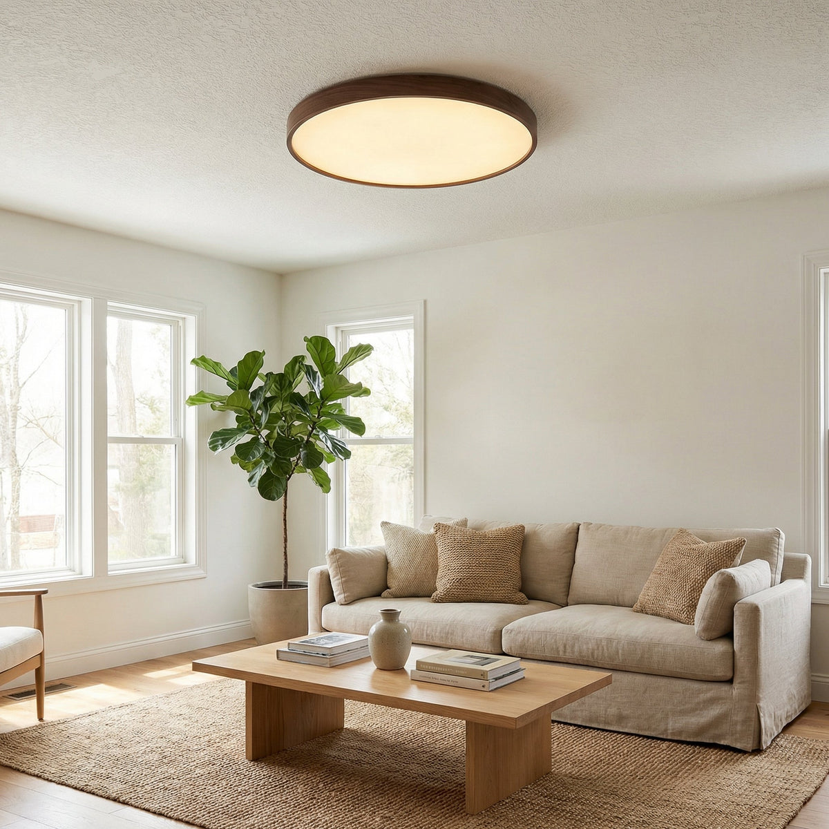 40cm Round Flush Mount LED Ceiling Light - Wood-Effect Trim, 3 Colour Temperatures