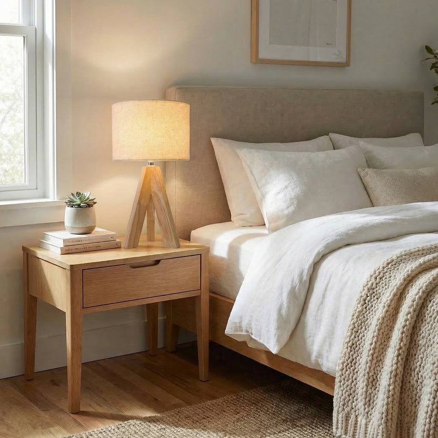 Nordic Wooden Tripod Table Lamp – Grey Shade
