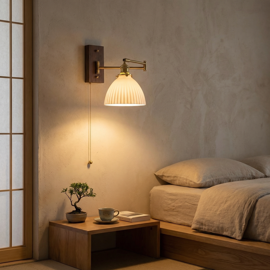 Ceramic Dome Wall Light – Brass Swing Arm & Pull Cord