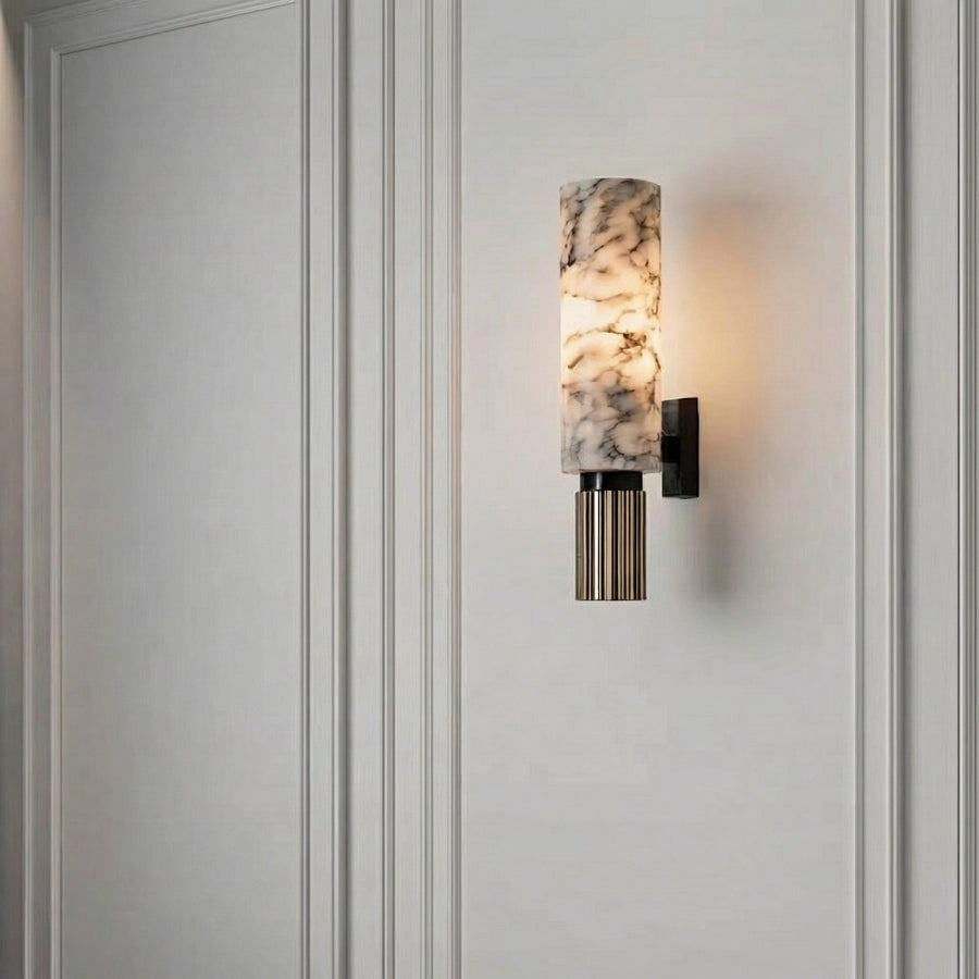 Natural Marble & Brass Wall Light – Cylindrical Stone Sconce