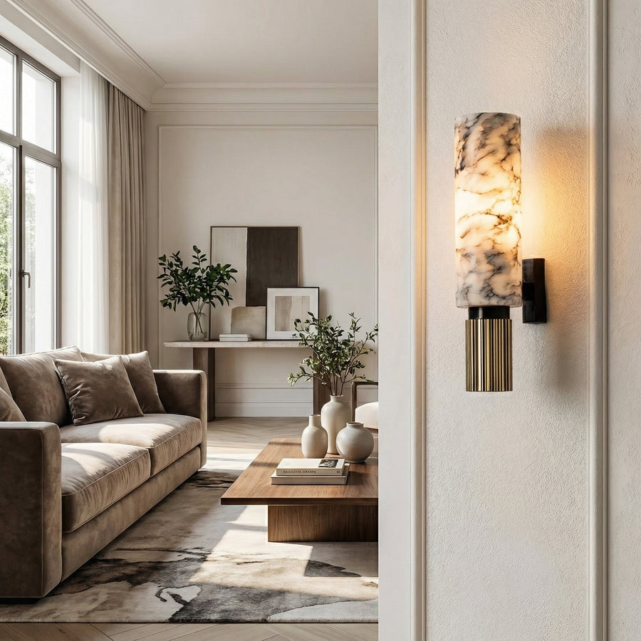 Natural Marble & Brass Wall Light – Cylindrical Stone Sconce