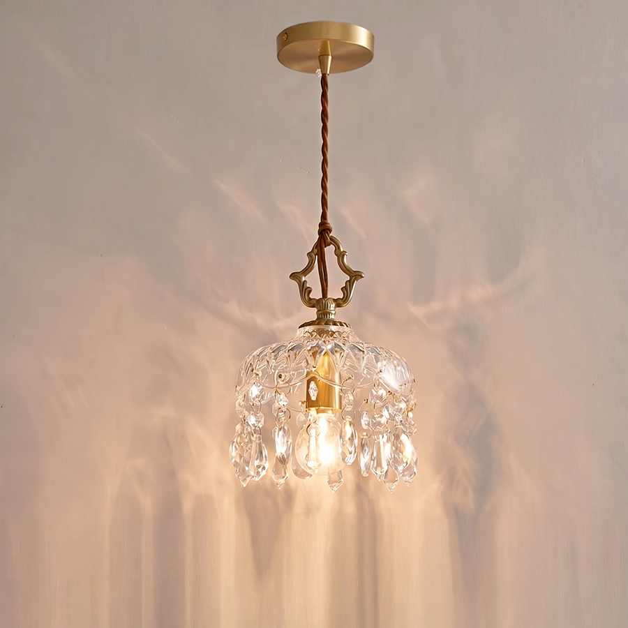 Vintage Brass Crystal Pendant Light – French Glass E14 Lamp